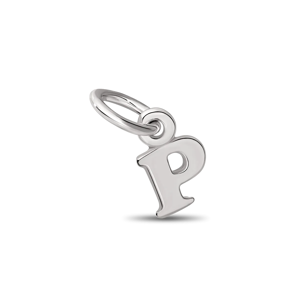 shows a charm shaped like the letter "P" with a small loop at the top for attaching to a bracelet or necklace.